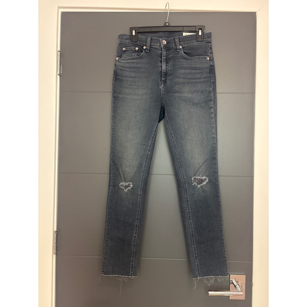 Rag Bone High Rise Ankle Skinny Jeans Dark Wash Distressed Knee Raw Hem Size 28‎